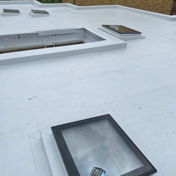 White flat roofing with skylight details